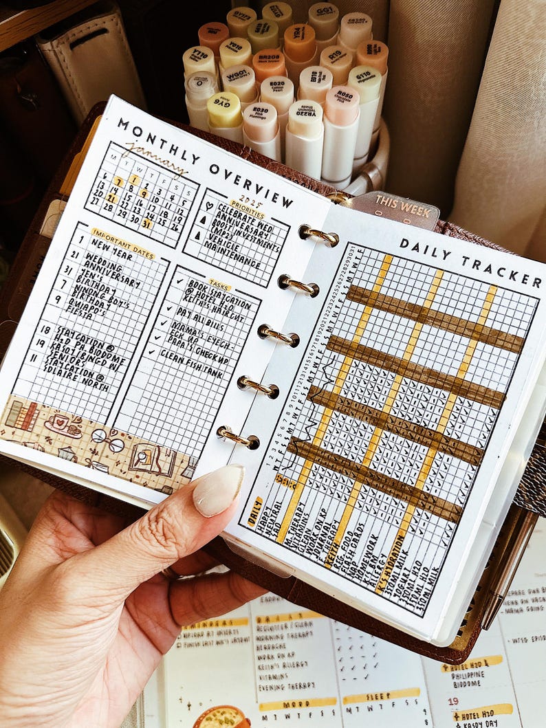 Op de afbeelding: Een persoonlijke planner-inzet met een maandoverzicht voor januari 2025, een lijst met belangrijke data, taken en een dagelijks tracker-raster met handgeschreven notities. De pagina bevat decoratieve washi-tape met boek- en brilpictogrammen.