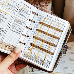 Op de afbeelding: Een persoonlijke planner open op een maandoverzicht en dagelijkse tracker pagina. Het witte papier heeft zwarte rasterlijnen, gedrukte tekst waaronder Monthly Overview, Daily Tracker, en handgeschreven taken. Gouden ringen binden de pagina's in een bruine kaft.