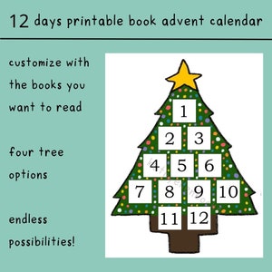 May include: A printable 12-day advent calendar featuring a green Christmas tree with a yellow star on top. The tree has 12 numbered boxes, each with a white background.
