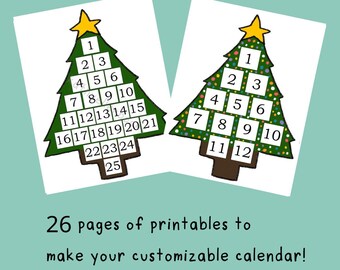 Puede incluir: Paquete de calendario de adviento de libro imprimible con dos diseños de árboles de Navidad. Los árboles son verdes con contornos blancos y tienen los números del 1 al 25 en el primer árbol y del 1 al 12 en el segundo árbol. El texto "¡26 páginas de imprimibles para hacer tu calendario personalizable!" está en la parte inferior de la imagen.