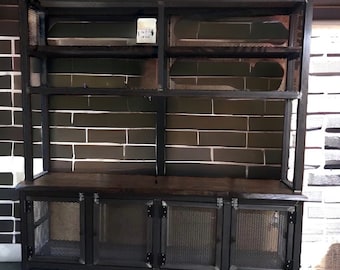 Custom Modern Credenza with Hutch in Solid Wood and Steel
