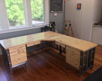 Custom Modern L-Shaped Desk with Drawers in Solid Wood and Steel