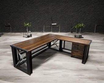 Custom Modern H Beam L-Shaped Executive Desk in Solid Wood and Steel