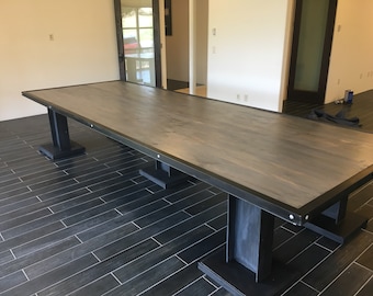 Custom Modern Conference Table with H Beam Base in Solid Wood and Steel