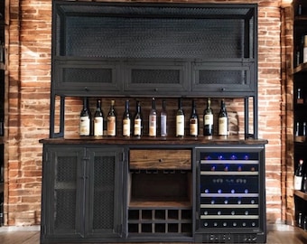 Custom Modern Bar Cabinet in Solid Wood and Steel