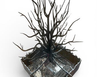 Handcrafted Steel Tree Fire Pit | 34" Square Wood Burning Pit