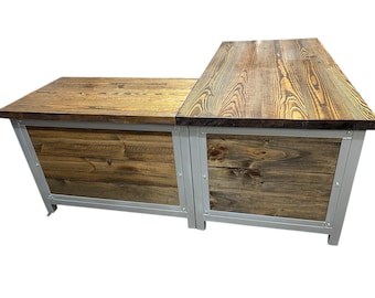 Custom Modern Wood Surround Desk with Storage in Solid Wood and Steel