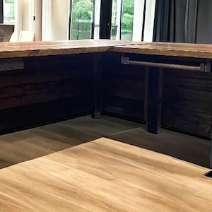 Rustic Industrial L-Desk: Southern Yellow Pine, Steel Frame, Door Storage