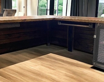 Custom Modern L-Shaped Desk with Door Storage in Wood and Steel