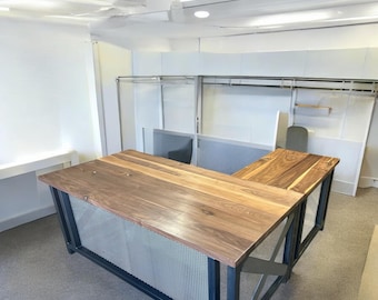 Custom Modern X Frame L-Shaped Desk with Return in Solid Wood and Steel