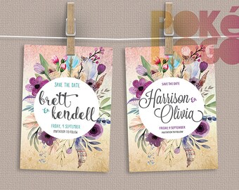 Boho salvare la data, sposa bohemien, stampabile Save The Date, piume di fiori matrimonio rustico, matrimonio primavera, fai da te, Digital, acquerello