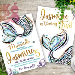 Mermaid Tail Birthday Invite, 1st, 2nd, 5th, 7th, 10th, Any Age, Digital Printable, Gold, DIY, Blue, Under the sea