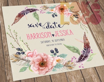 Save the Date, Boho Wedding, Bohemian Wedding, Printable Save The Date, Rustic Wedding, DIY, Spring, Digital, Watercolor flowers feathers