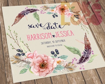 Save data, Boho sposa, sposa bohemien, stampabile Save The Date, matrimonio rustico, fai da te, primavera, Digital, Aquarello Fiori piume