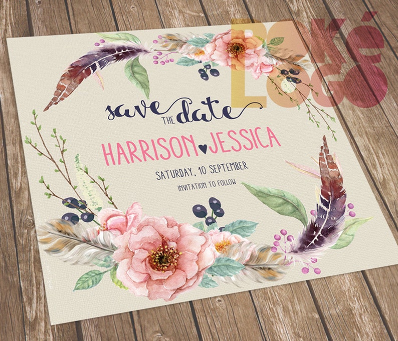 Spring Boho Wedding Bohemian Wedding Digital Rustic Wedding Save the Date Watercolor flowers feathers Printable Save The Date DIY