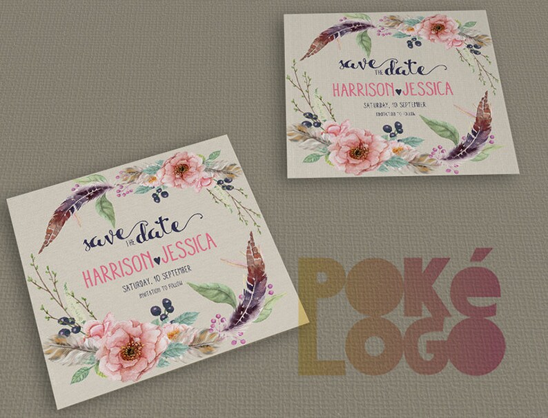 Spring Boho Wedding Bohemian Wedding Digital Rustic Wedding Save the Date Watercolor flowers feathers Printable Save The Date DIY