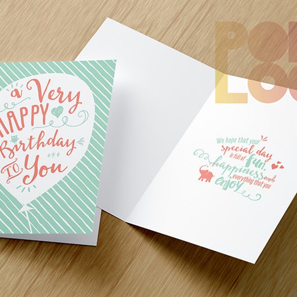 Happy Birthday Card Printable, Typography, Balloon, Digital File, Instant Download, folded Happy Birthday Card, DIY, Custom
