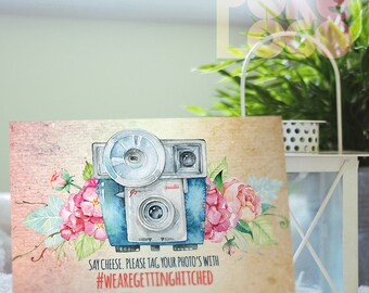 Media sociali bohemien Iscriviti con fotocamera dell'acquerello con fiori stampabile nozze Hashtag segno, stile floreale, fai da te inviti stampabile