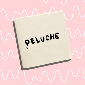 May include: A small, white, blank notebook with the word "PELUCHE" written in black marker on the front.