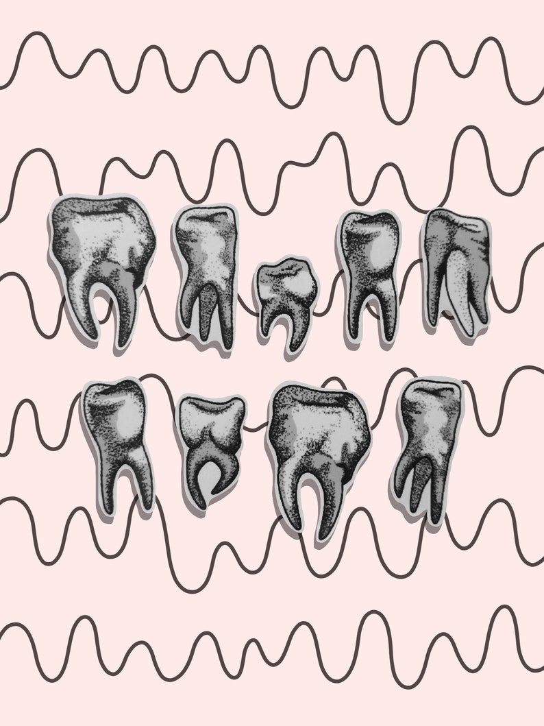 May include: A set of nine black and white illustrations of teeth on a pink background with a wavy black line pattern.