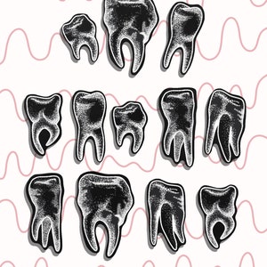 May include: A collection of black and white teeth illustrations. The teeth are drawn in a vintage style and are arranged in a random pattern.