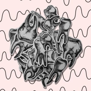 May include: A pile of gray teeth stickers on a pink background with a wavy black line pattern.