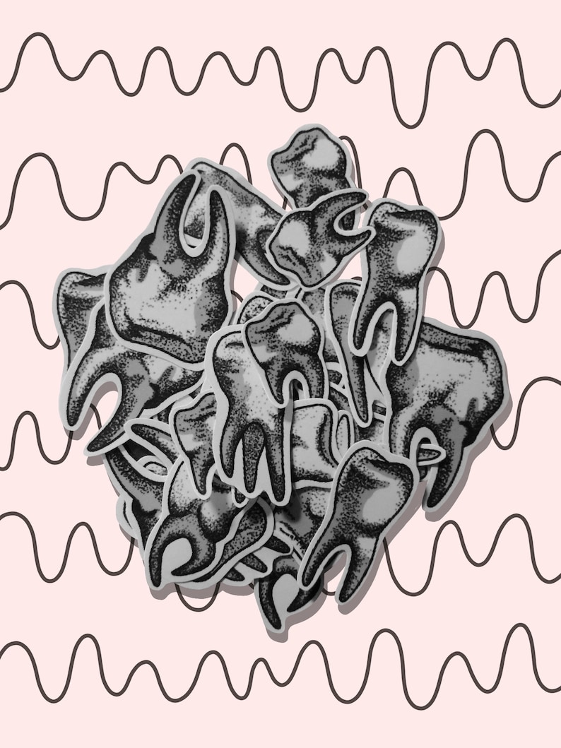 May include: A pile of gray teeth stickers on a pink background with a wavy black line pattern.