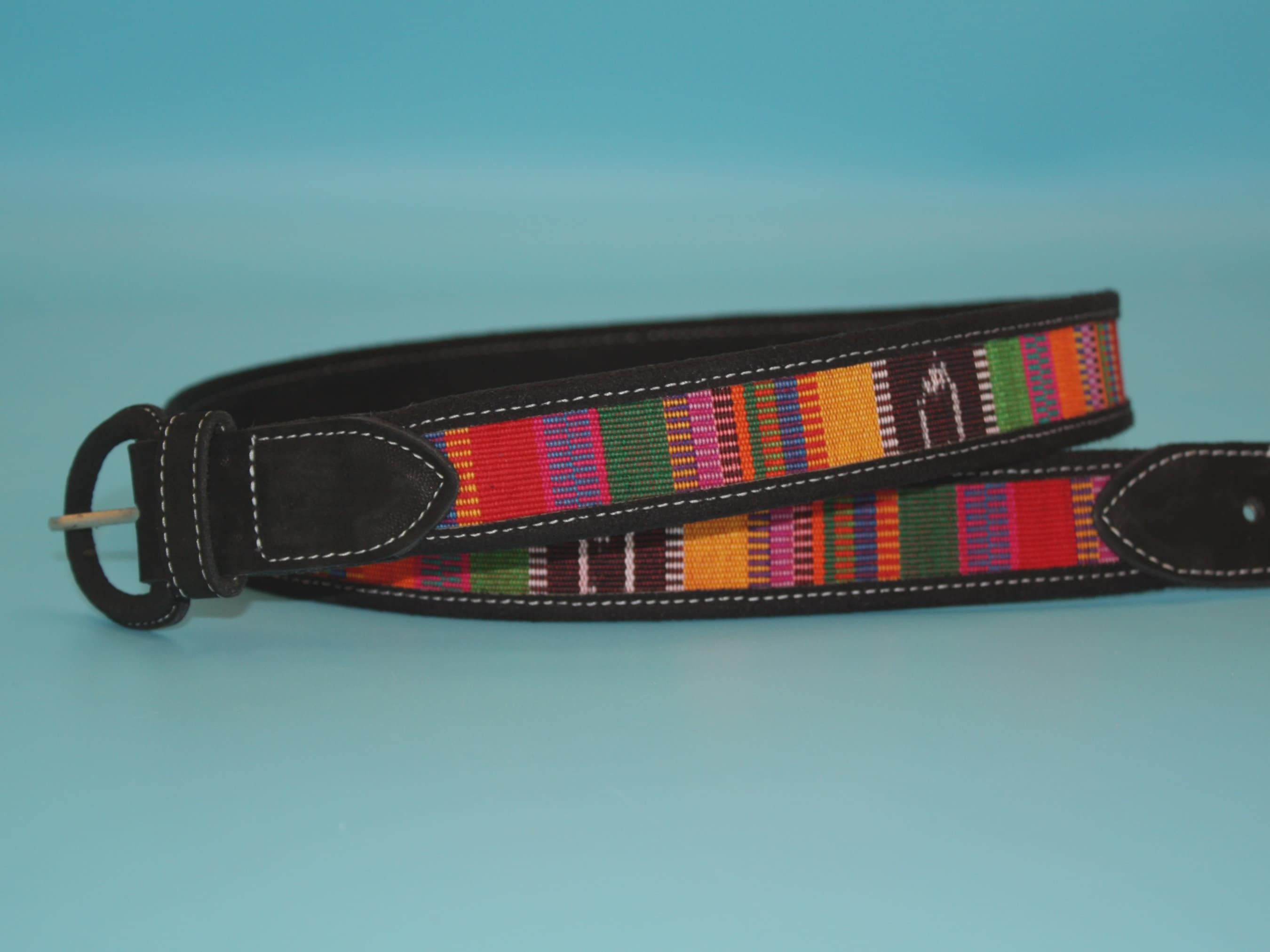 Western Boho Handmade Leather Belt Black Multicolor Woven design Size 34.75x1.45 Black Stone Boho Belt – The Mane Studio main image 4