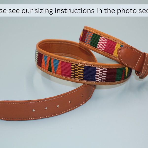 Handmade leather belt unisex colorful Mayan weave.