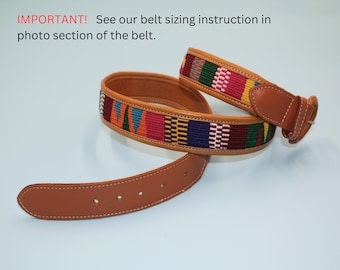 Colorful Handmade Leather Belt with Mayan Woven Design – Unisex Artisan Accessory from Guatemala