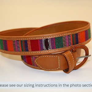 Handmade leather belt unisex colorful Mayan weave.