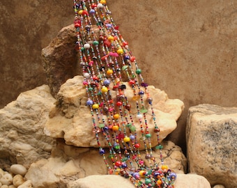 Handmade Multicolor Czech Bead Necklace, Natural Stone, Mayan Design
