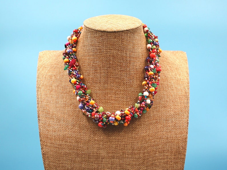 MULTICOLOR NECKLACE, Hand Beaded, 24" With 12 Strands of Vibrant Colorful Czech Beads, Natural Stones, bild 3