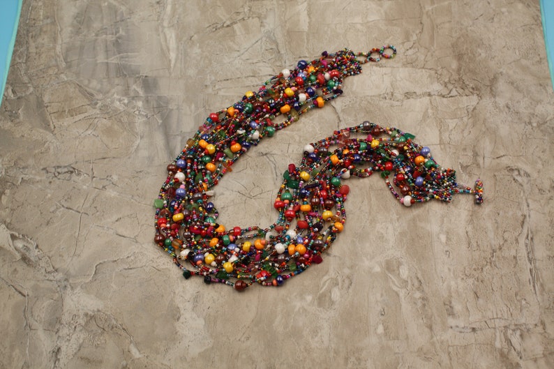 MULTICOLOR NECKLACE, Hand Beaded, 24" With 12 Strands of Vibrant Colorful Czech Beads, Natural Stones, bild 4