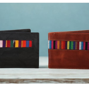 Cartera de piel auténtica con tejido maya, doble pliegue, hecha a mano, diseño único, envío gratis
