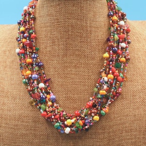 MULTICOLOR NECKLACE, Hand Beaded,  24&quot; With 12 Strands of Vibrant Colorful Czech Beads, Natural Stones,
