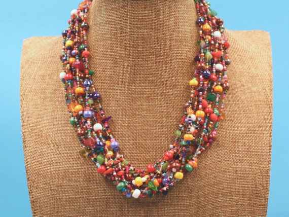 MULTICOLOR NECKLACE, Hand Beaded,  24" With 12 Strands of Vibrant Colorful Czech Beads, Natural Stones,
