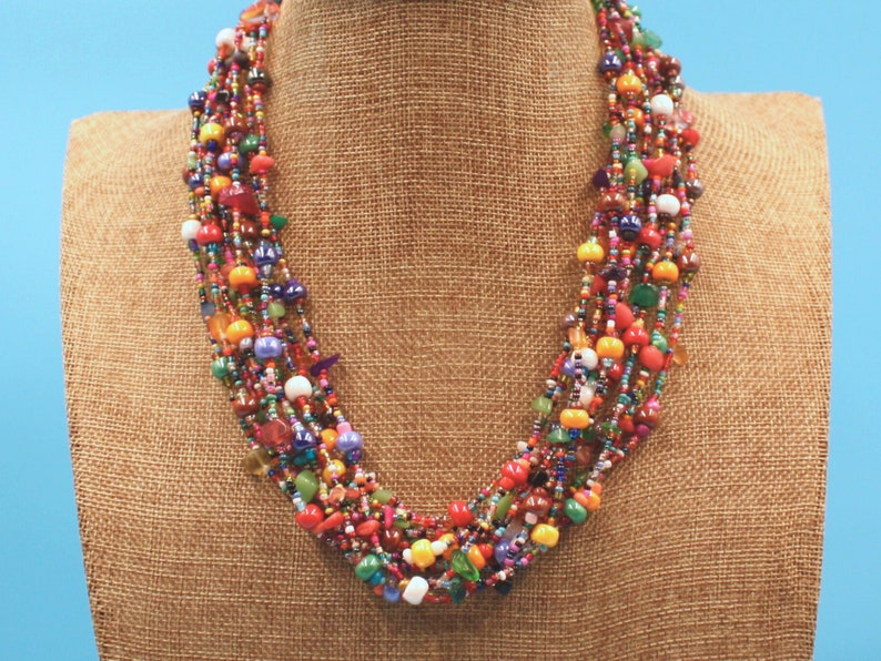MULTICOLOR NECKLACE, Hand Beaded, 24" With 12 Strands of Vibrant Colorful Czech Beads, Natural Stones, bild 1