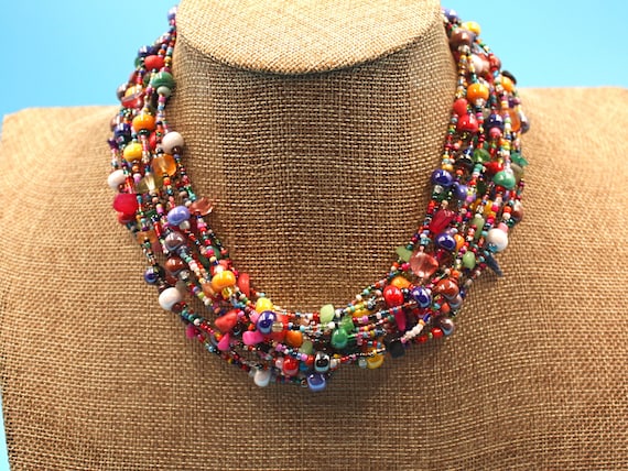 MULTICOLOR NECKLACE, Hand Beaded,  18”  With 12 Strands of Vibrant Colorful Beads, Natural Stones