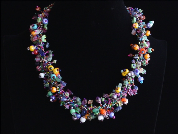 VIBRANT NECKLACE,  24”,  Multi-Colored Hand Beaded With Intertwined Strands Full of Czech Beads and Natural Stones, Elegant, Unique
