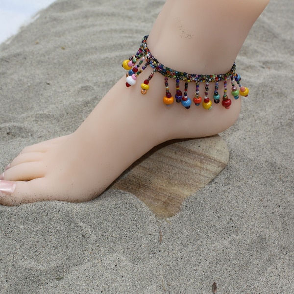 Stylish, chic, bright multi-colored hand beaded anklet