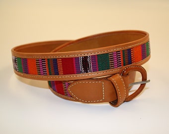 Stylish, unisex handmade leather belt with colorful Mayan weave.