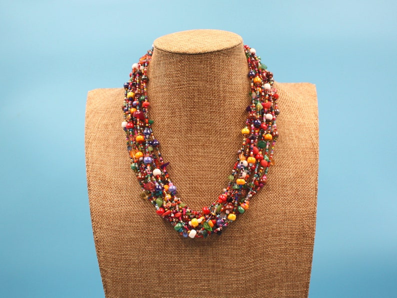 MULTICOLOR NECKLACE, Hand Beaded, 24" With 12 Strands of Vibrant Colorful Czech Beads, Natural Stones, bild 2