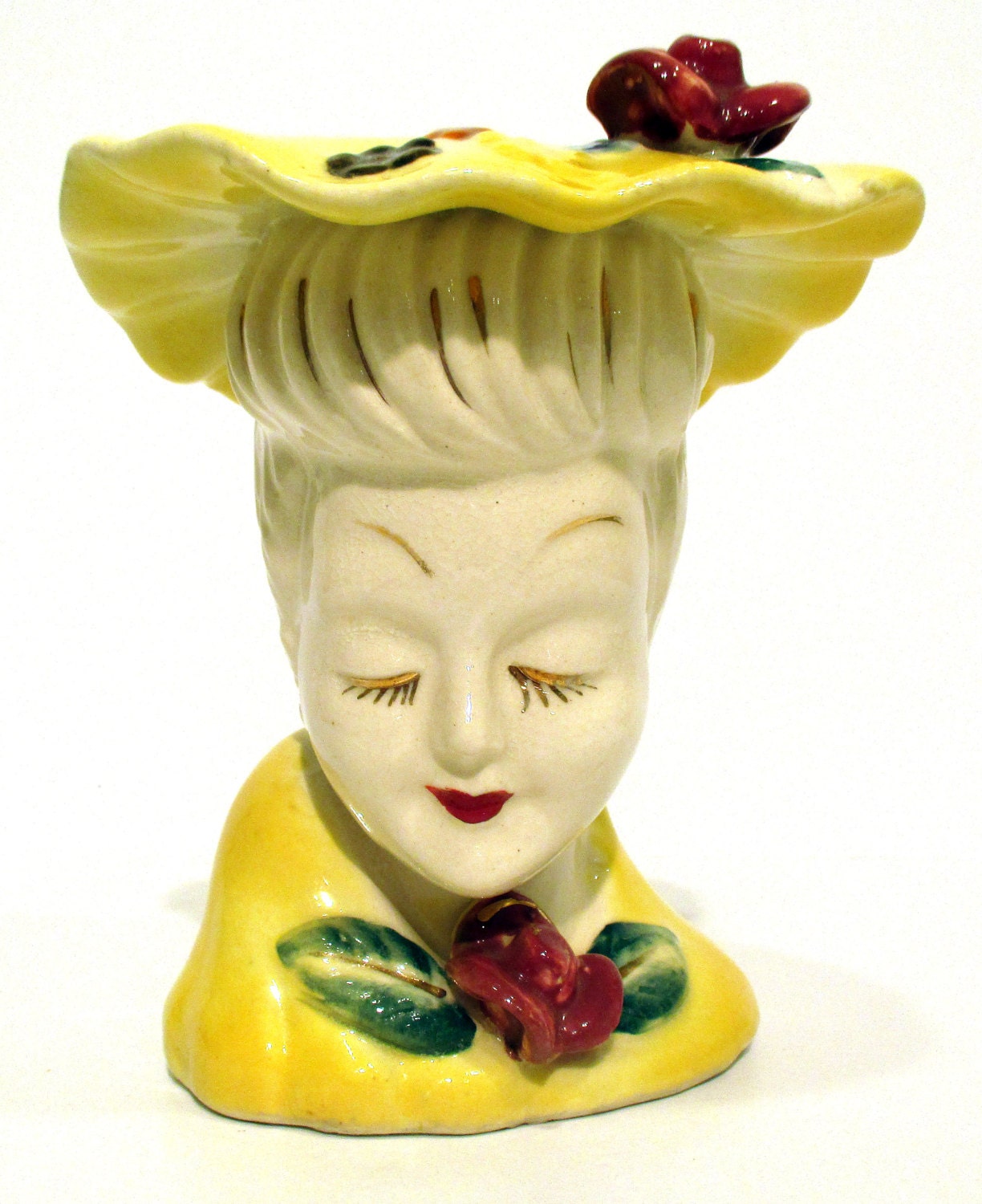 Vintage Lady Head Vase. Made in Japan. Dressed in Yellow With Matching