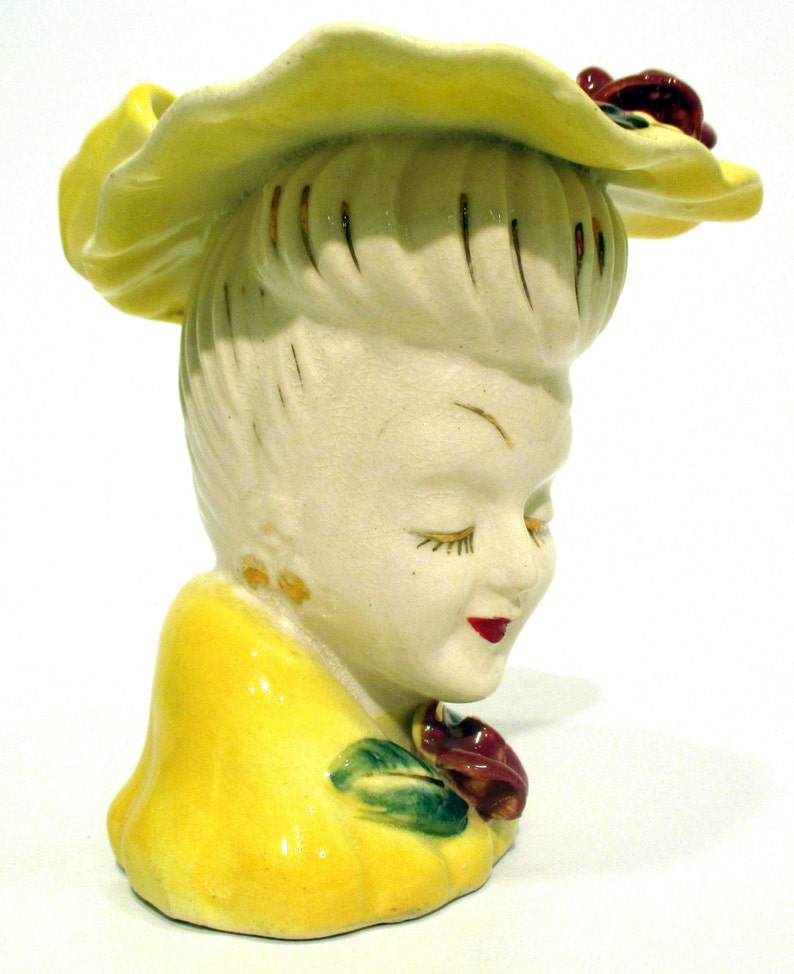 Vintage Lady Head Vase. Made in Japan. Dressed in Yellow With Matching