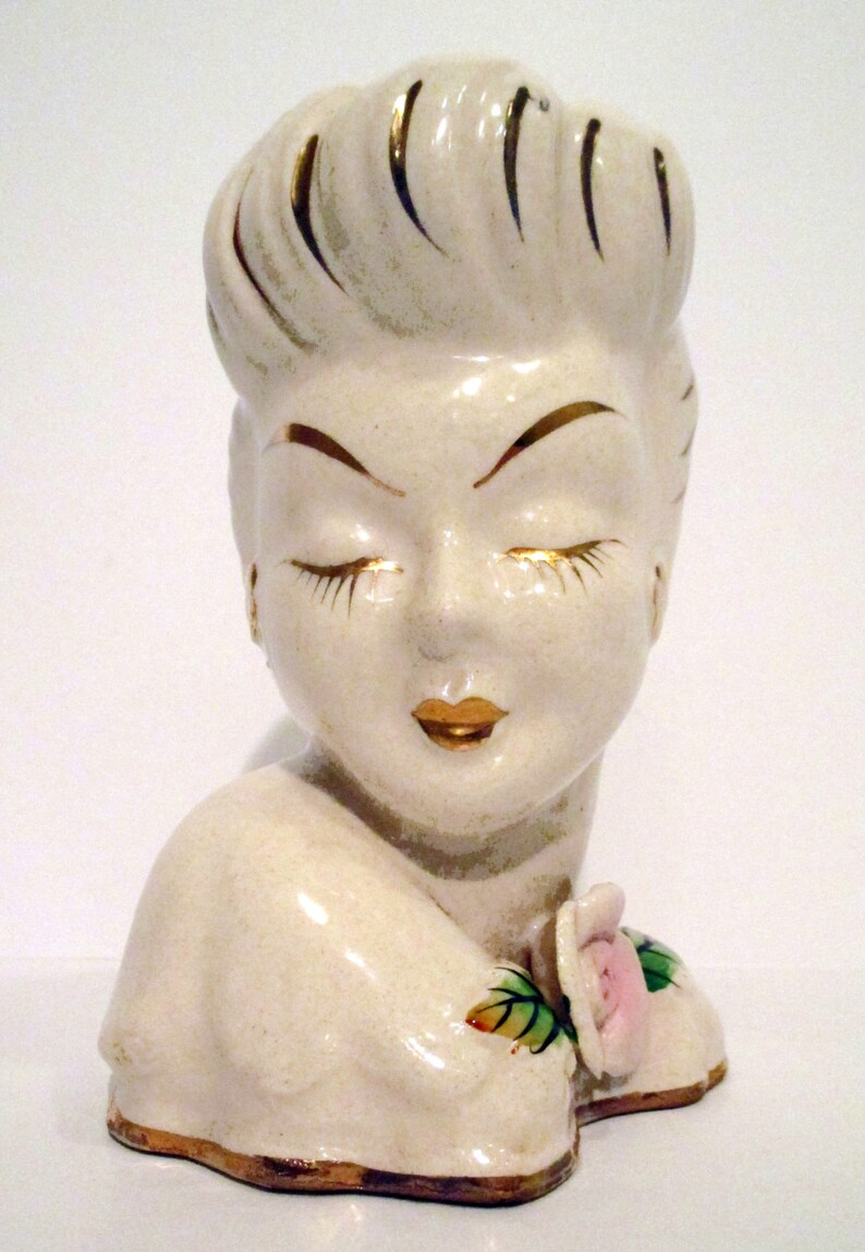 Glamour Lady Head Vase. Made in Japan. All in White W/hand Painted Pale