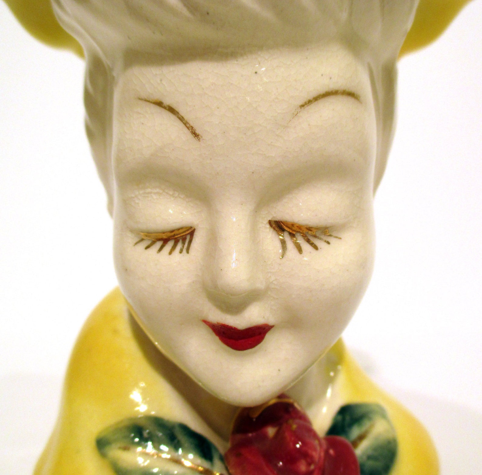 Vintage Lady Head Vase. Made in Japan. Dressed in Yellow With Matching
