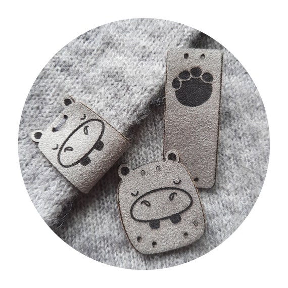 9x FAUX SUEDE handmade label "Hippo" Cute! crochet tag, handmade label, label for handmade item, leather label, beanie tag, diy, craft,nobaa