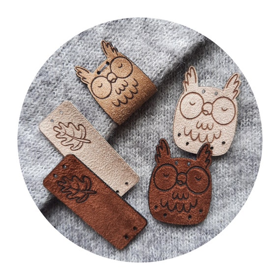 9x FAUX SUEDE handmade tag "Owl" Cute! leather tag for handmade item, handmade label, label for handmade item, leather label, diy, nobaa