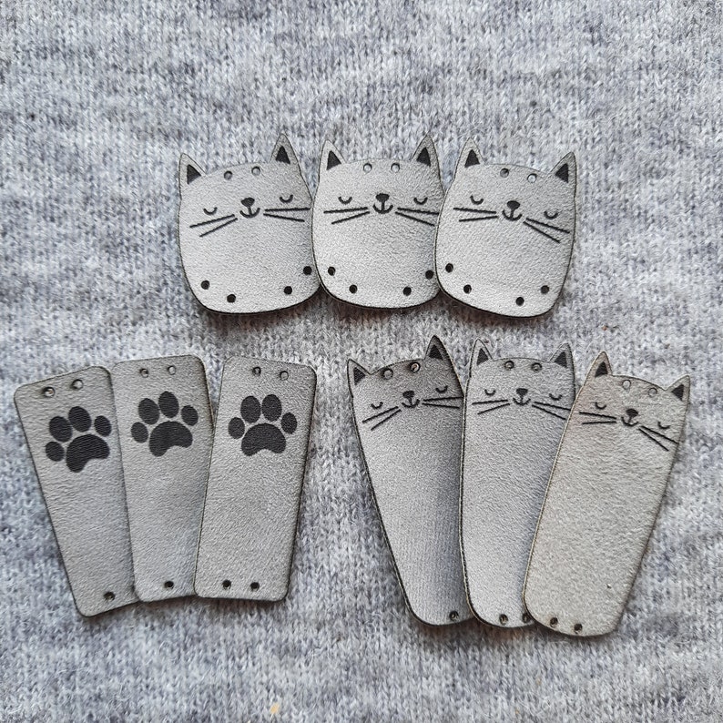 9x FAUX SUEDE handmade tag Cat Cute crochet tag, leather tag for handmade item, handmade label, label for handmade item, diy, craft nobaa Gray